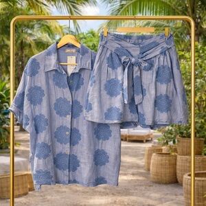 Embroidered Linen/Cotton Top and Shorts Set